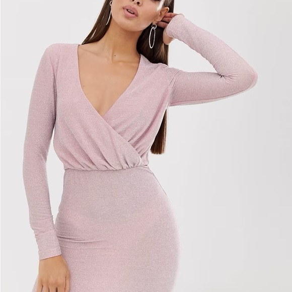 ASOS x The Girlcode Long Sleeve Drape Pink Glitter Mini Dress Clubwear NWT - Picture 9 of 9
